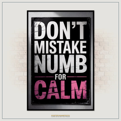 Framed poster with motivational quote 'Don't mistake numb for calm' on a brick wall background