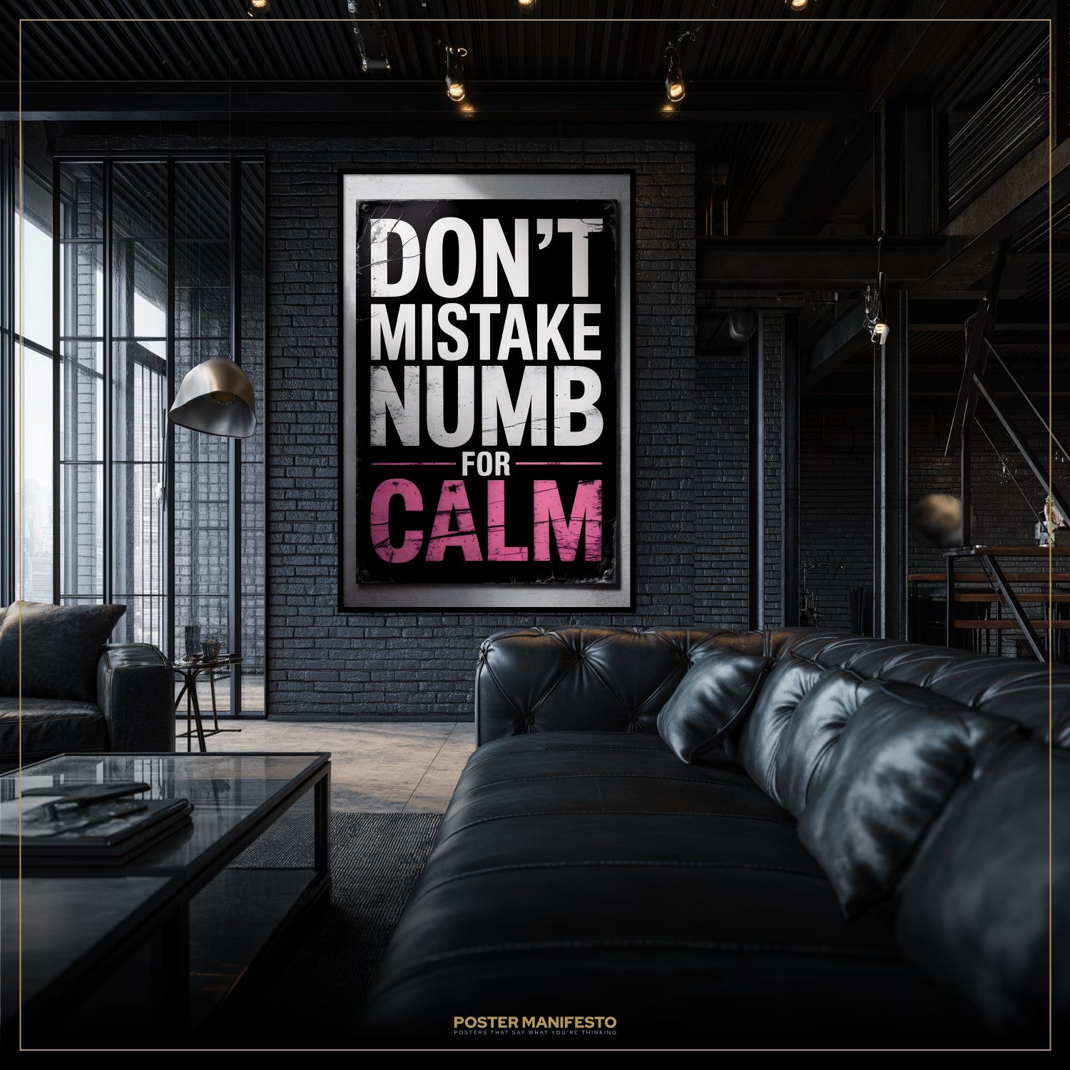 Modern living room with a black leather sofa and a motivational poster on the wall.
