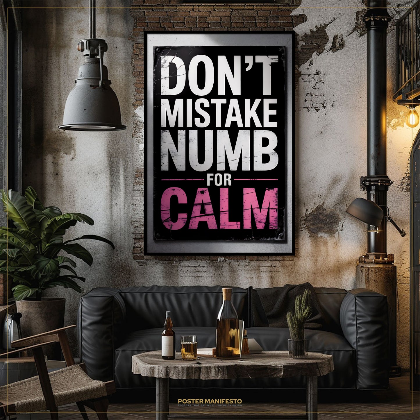 Living room with a black sofa, wooden coffee table, and a motivational poster on the wall.