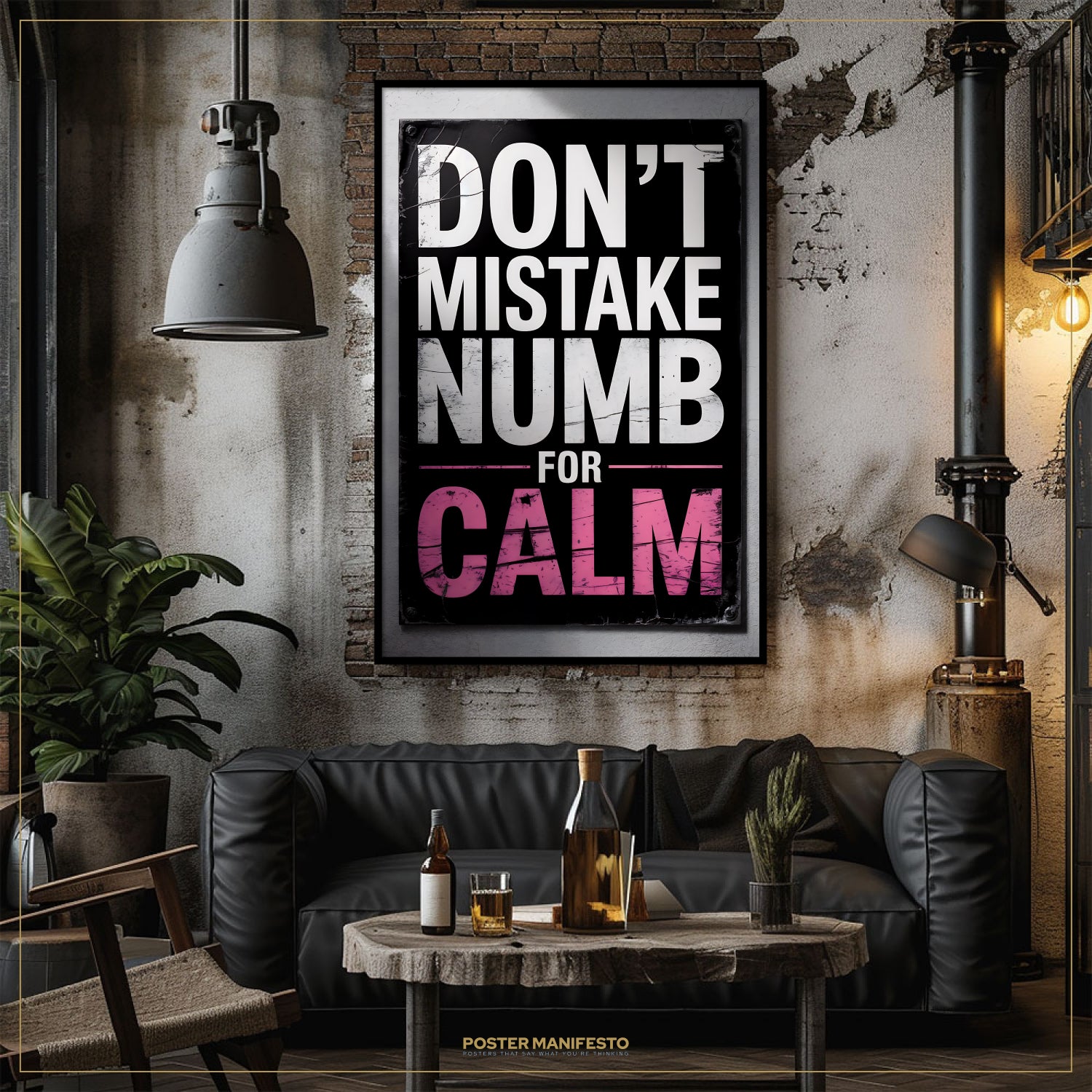 Living room with a black sofa, wooden coffee table, and a motivational poster on the wall.