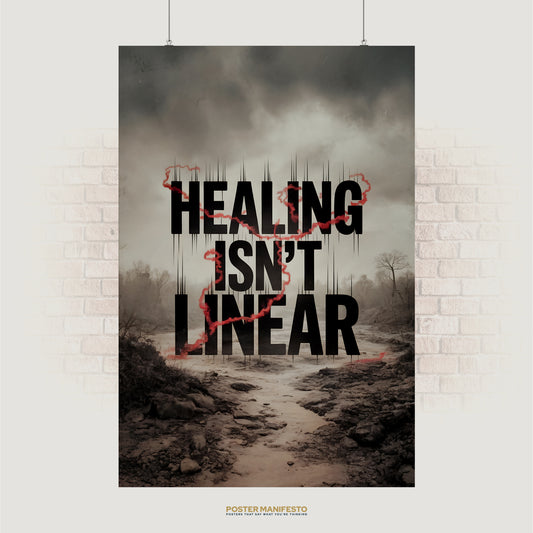 Bold black text reading “Healing Isn’t Linear” with jagged heartbeat lines and red path over muted landscape