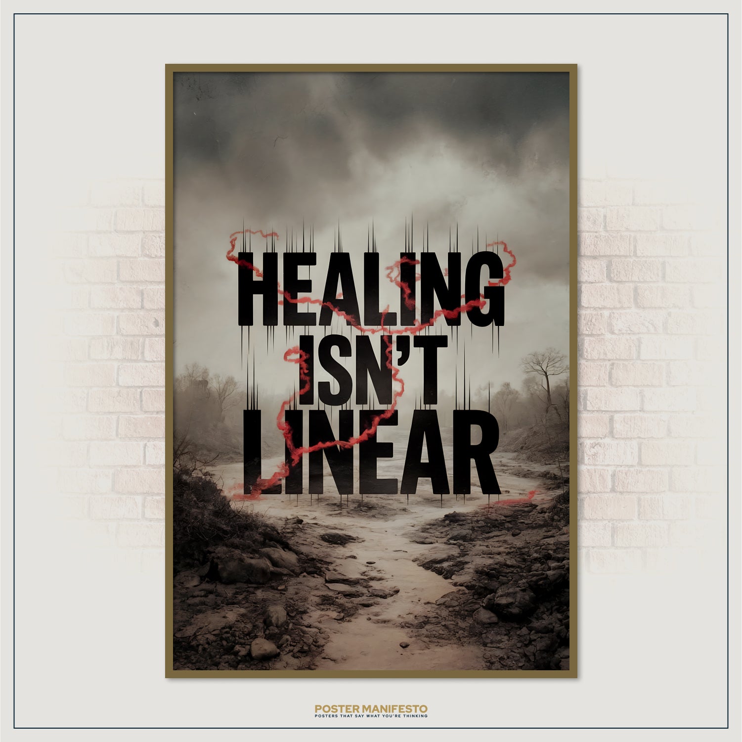 Poster with 'Healing Isn't Linear' text on a landscape background, framed against a brick wall.