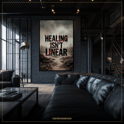 Modern living room with a black leather sofa and a motivational poster on the wall.