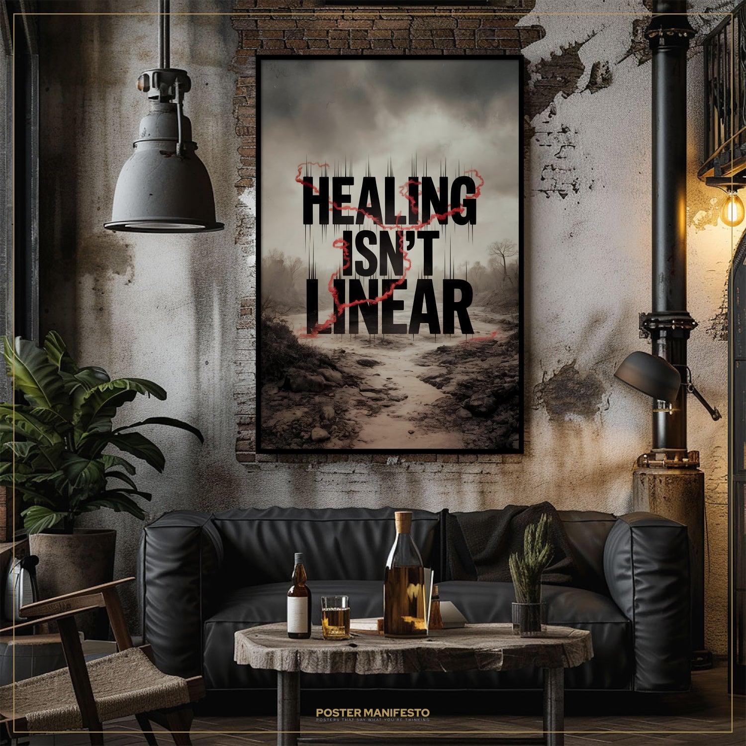 Living room with a 'Healing Isn't Linear' poster on the wall, a black sofa, and a wooden table with drinks.