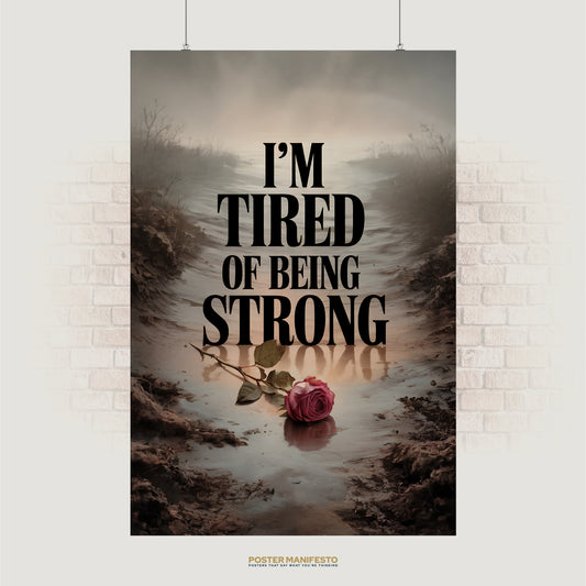 Bold black text reading “I’m Tired of Being Strong” above a wilted rose in a moody landscape