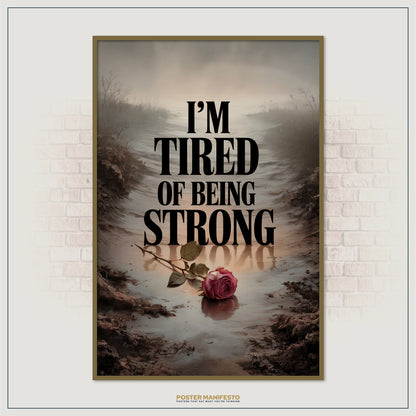 Poster with a rose in water and text 'I'm Tired of Being Strong' on a brick wall background.