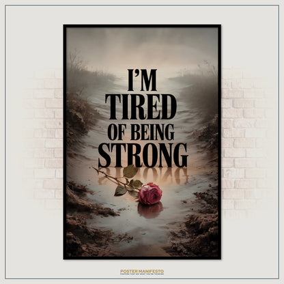 Poster with a rose in water and text 'I'm Tired of Being Strong' on a brick wall background.