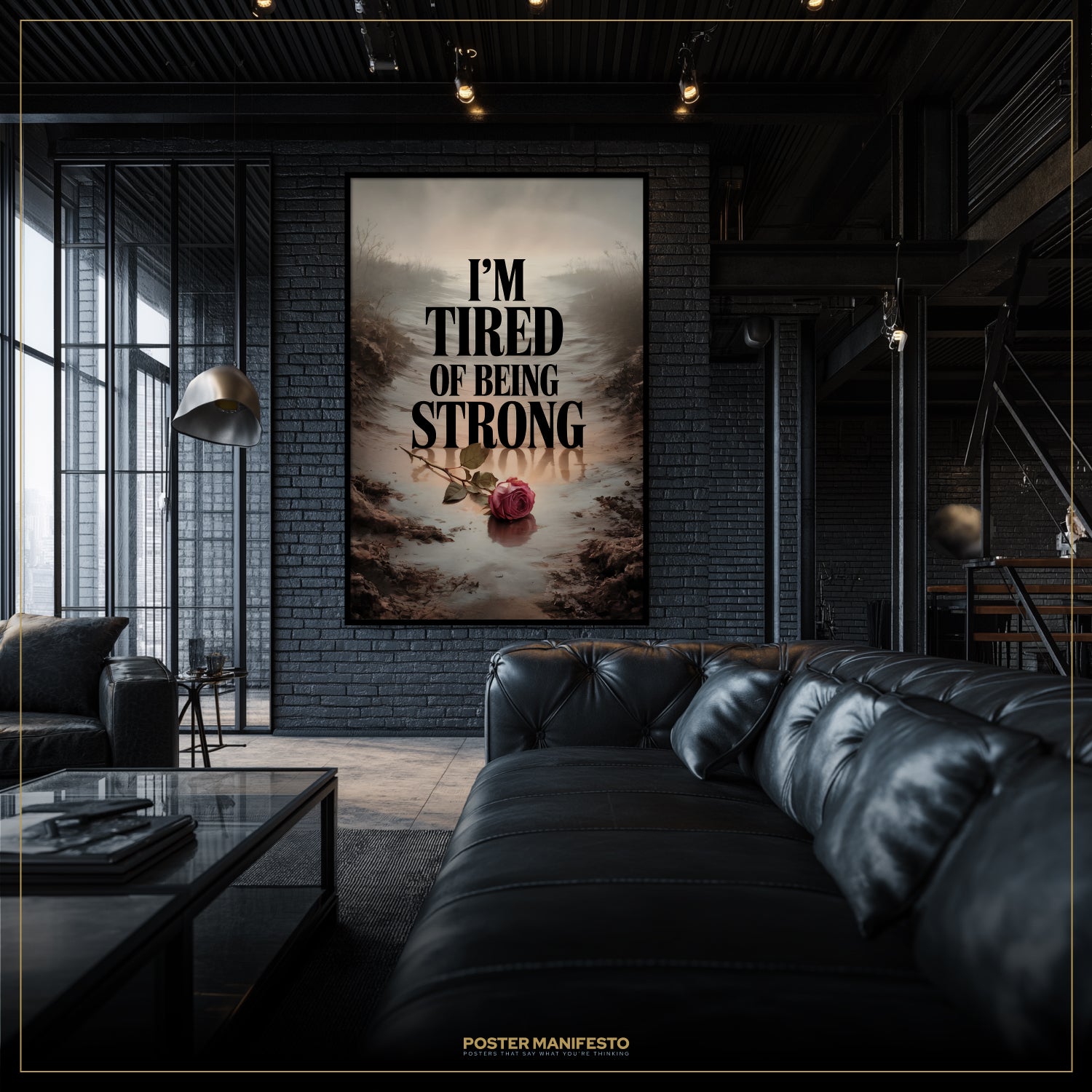 Modern living room with a black leather sofa and a motivational poster on the wall.