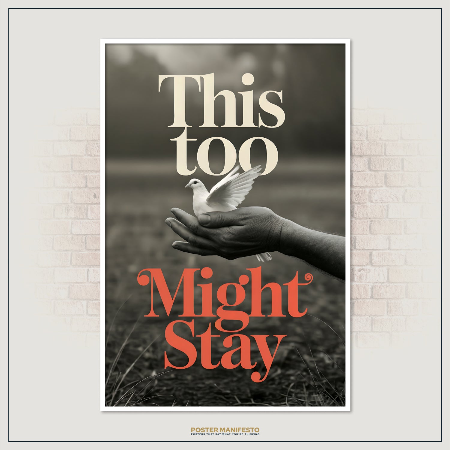 Inspirational poster with a gentle hand holding a white dove and warm-toned lettering