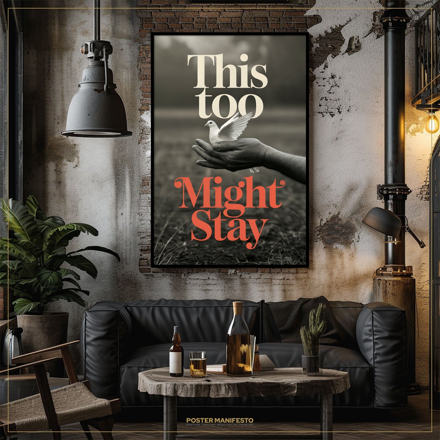 Living room with a 'This too Might Stay' poster on the wall, a black sofa, and a small table with drinks.