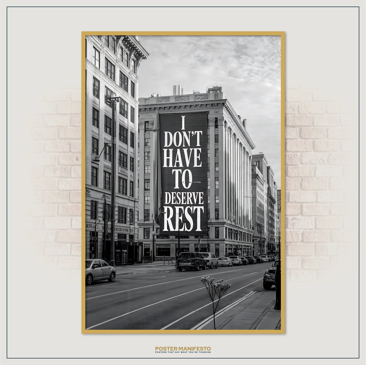 Urban street view with bold self-care typography on tall building