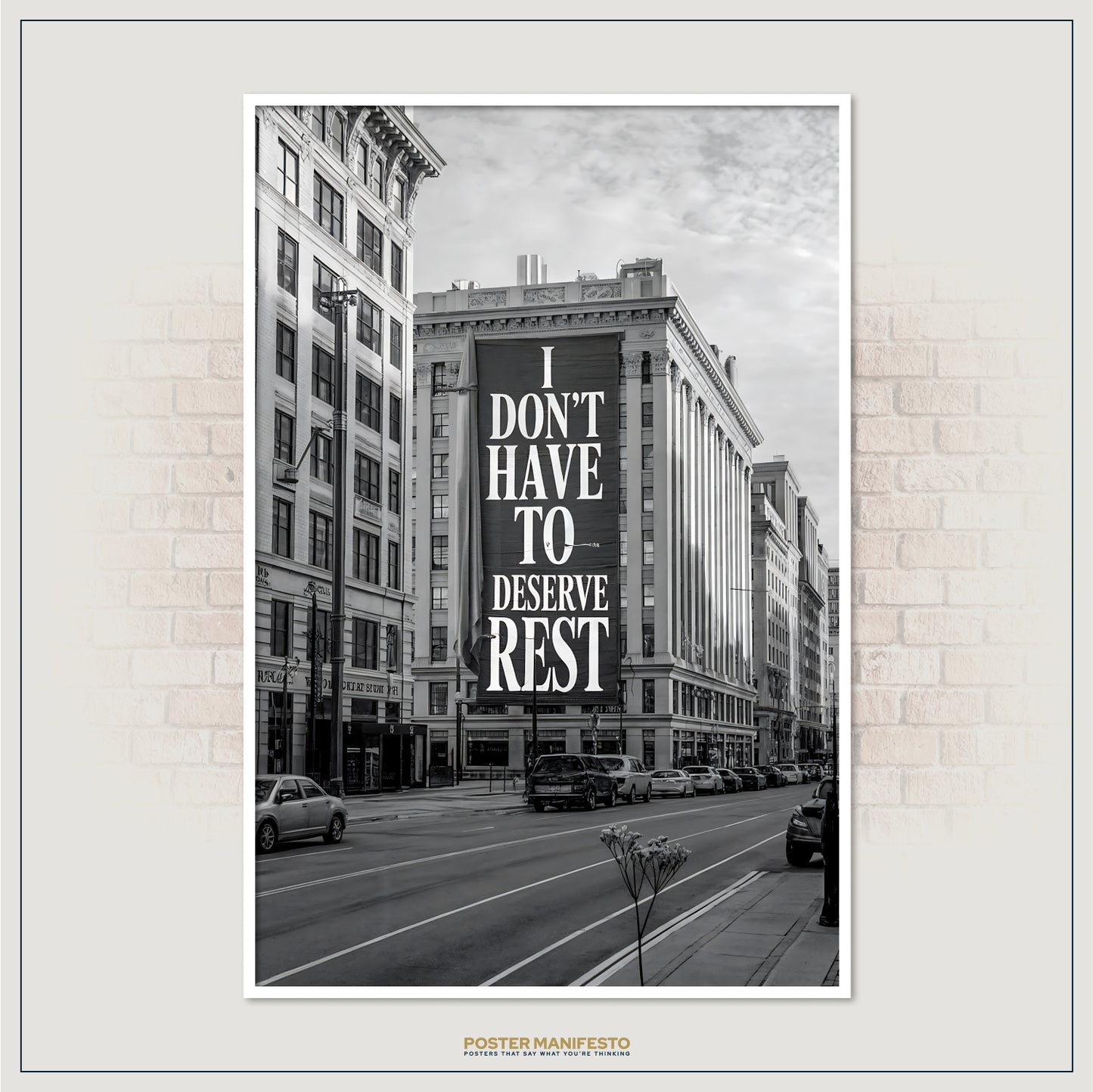 Monochrome motivational wall art with city background and rest affirmation