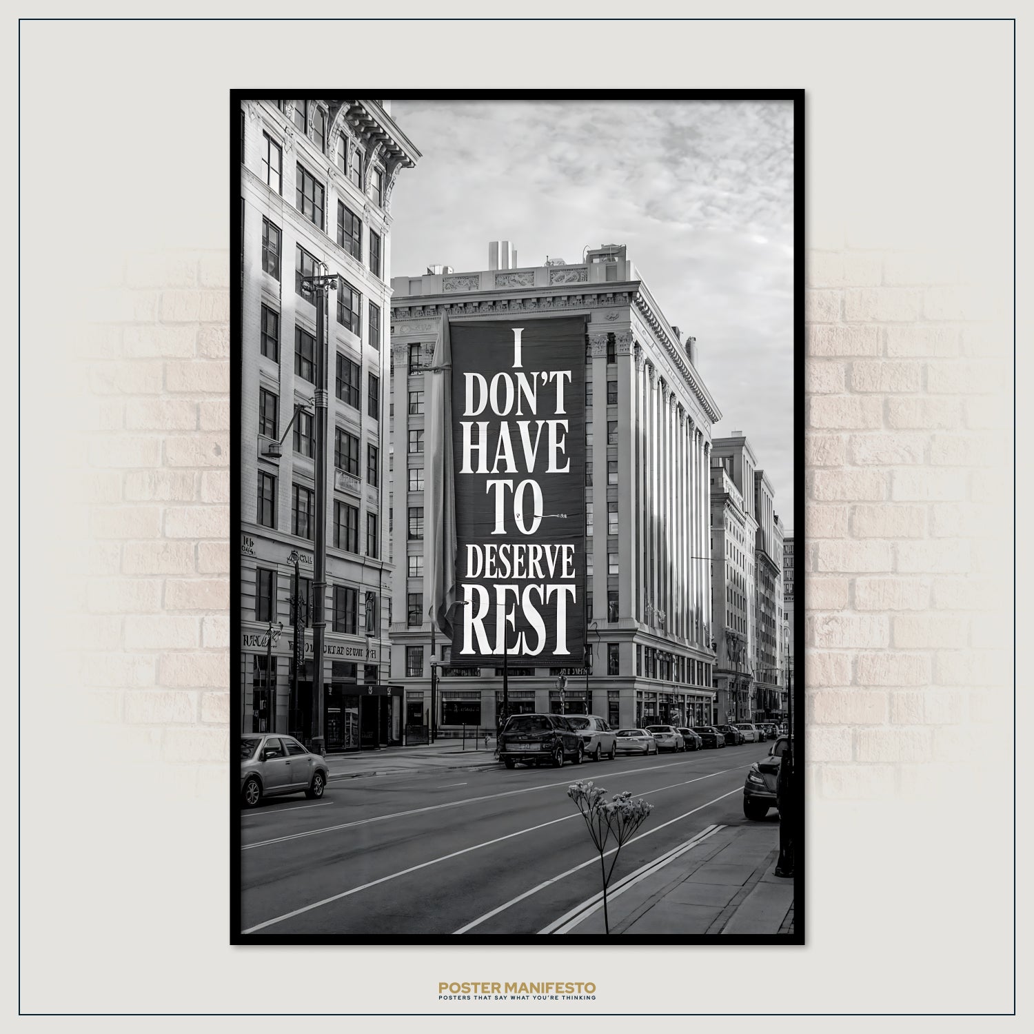Empowering quote poster in bold type over downtown city scene