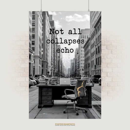 Black and white city street with abandoned office desk and cracked chair, text reads “Not All Collapses Echo”