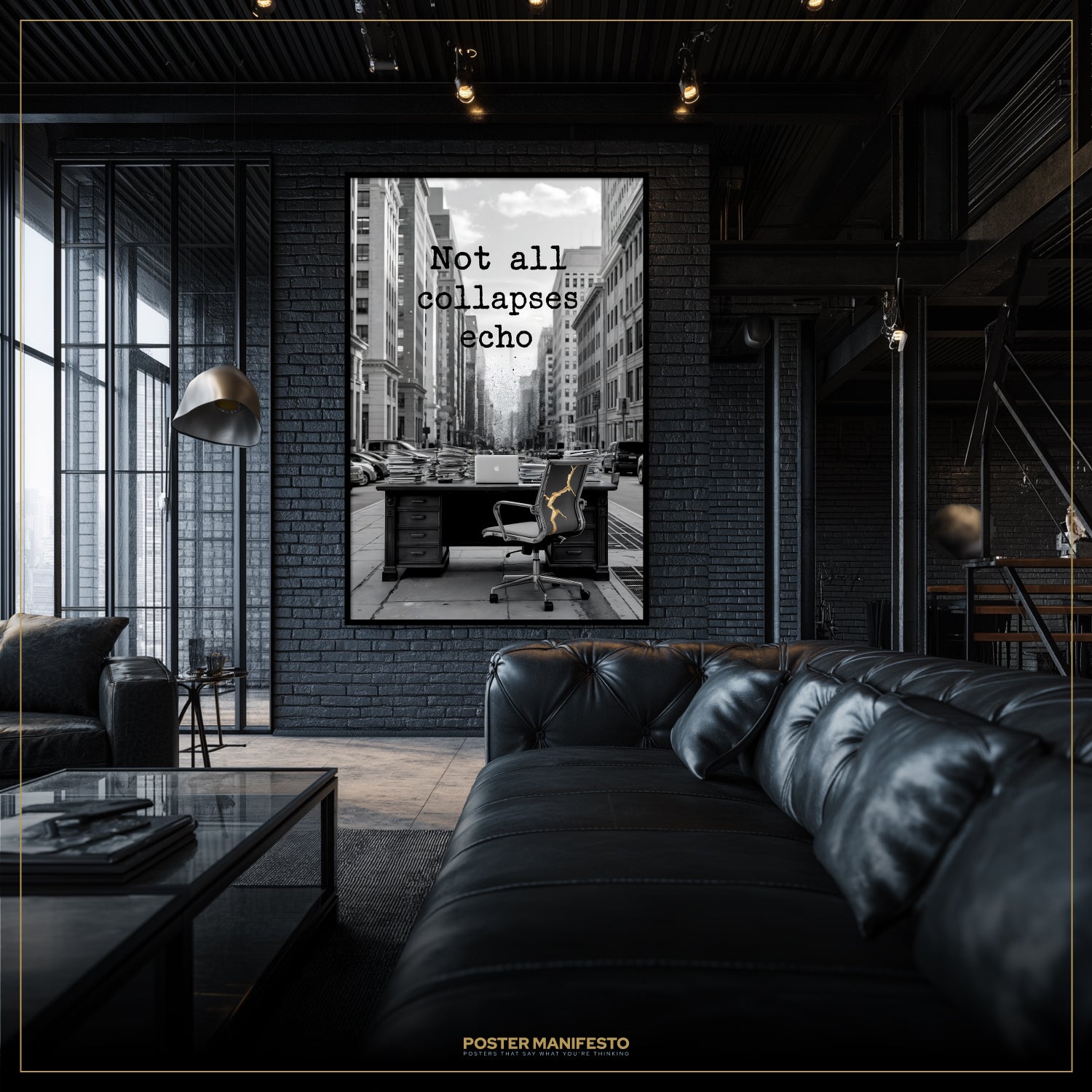 Modern interior with a black leather sofa and a framed poster on the wall.