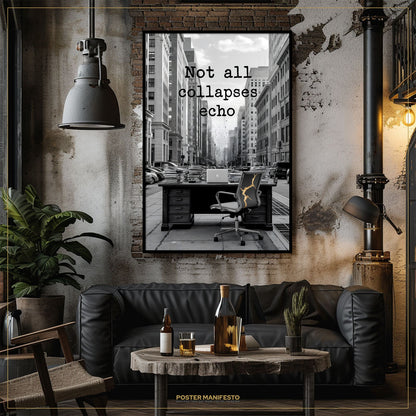 Modern living room with a black leather sofa, wooden coffee table, and framed poster on the wall.
