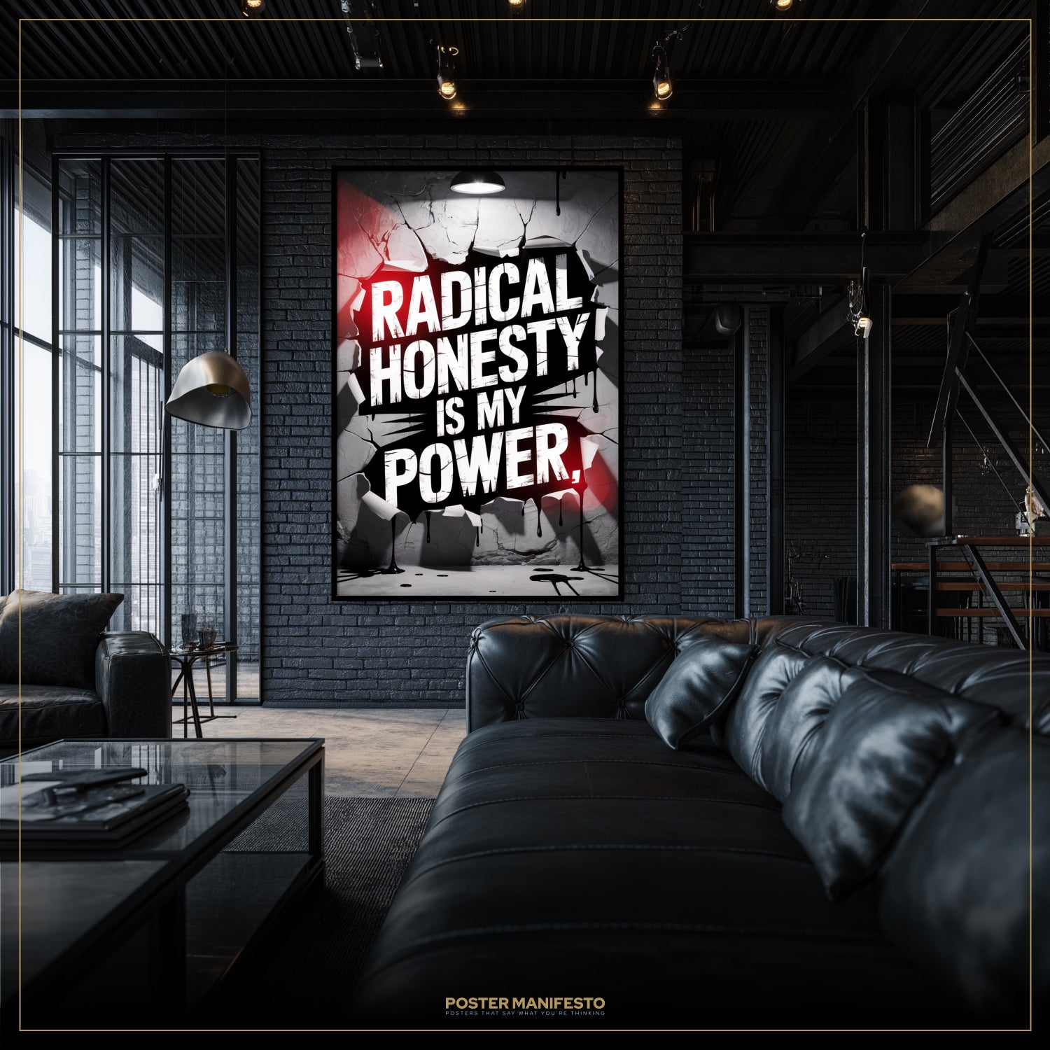 Modern living room with a black leather sofa and a motivational poster on the wall.