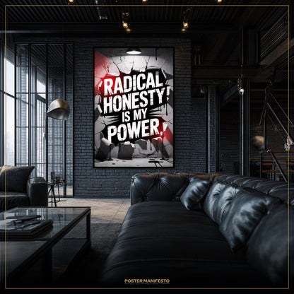 Modern living room with a black leather sofa and a motivational poster on the wall.