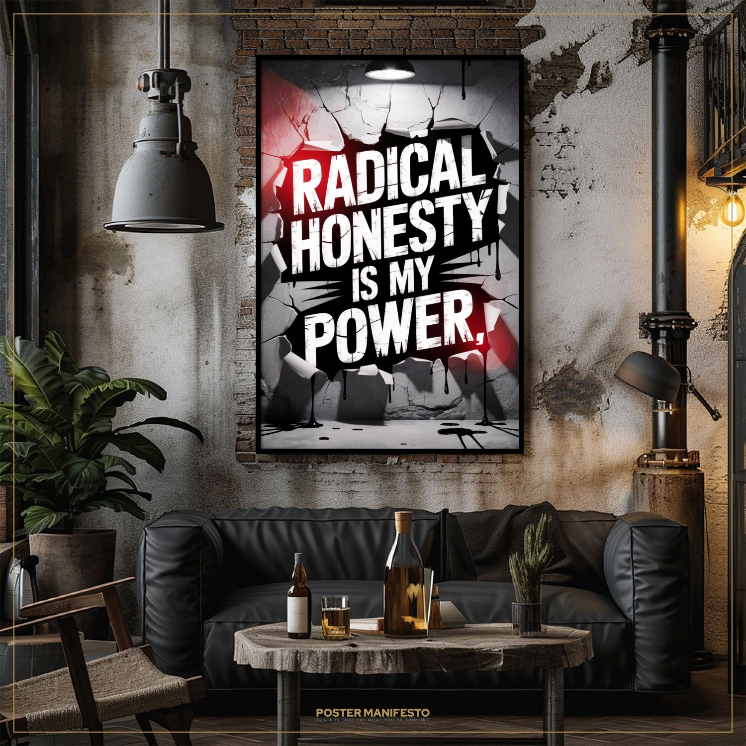 Living room with a black leather sofa, wooden coffee table, and 'Radical Honesty is My Power' poster.
