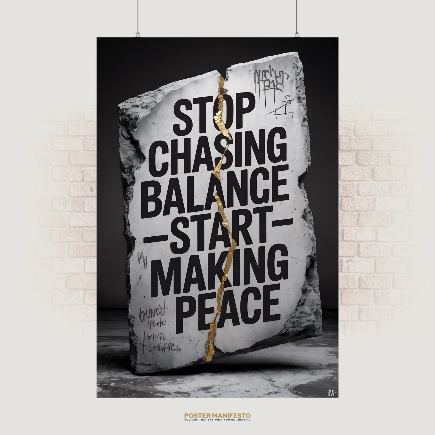 Concrete slab poster with black text “Stop Chasing Balance – Start Making Peace” and gold crack