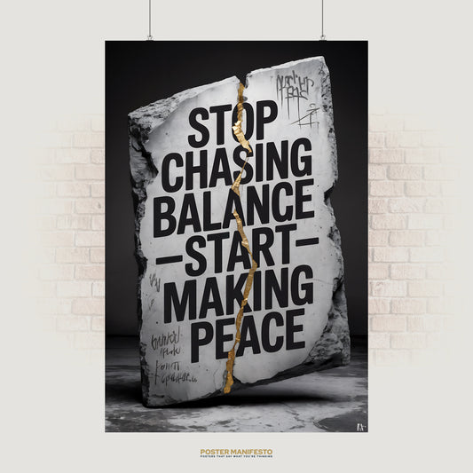 Concrete slab poster with black text “Stop Chasing Balance – Start Making Peace” and gold crack