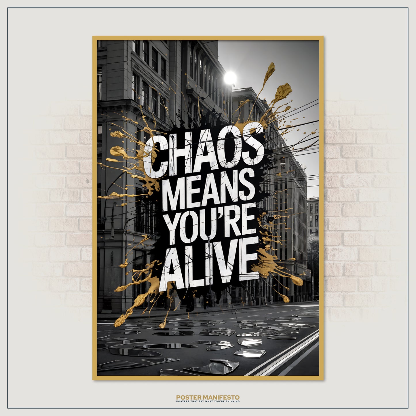 Black and white city background with dramatic gold splatter