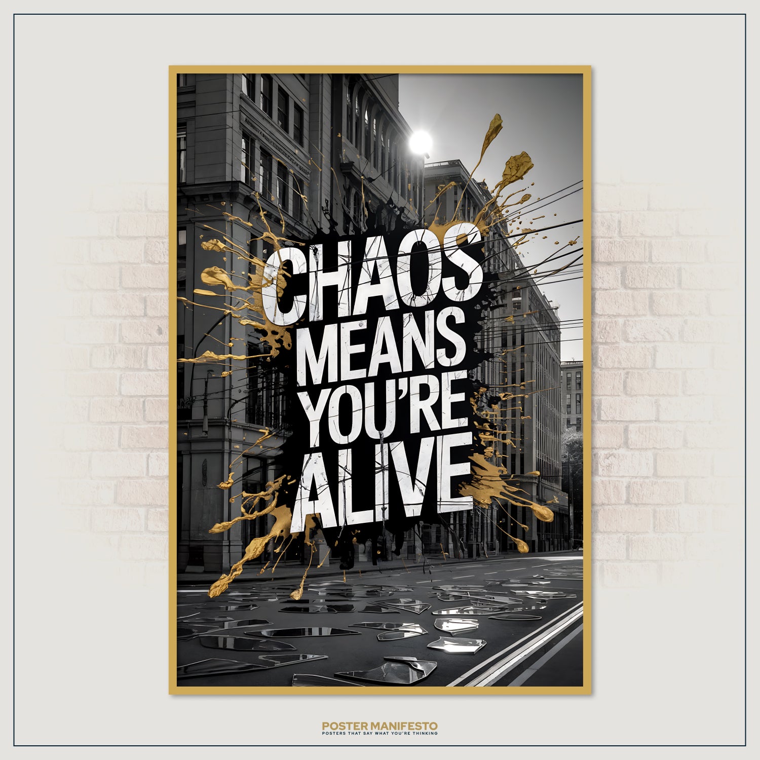 Black and white city background with dramatic gold splatter