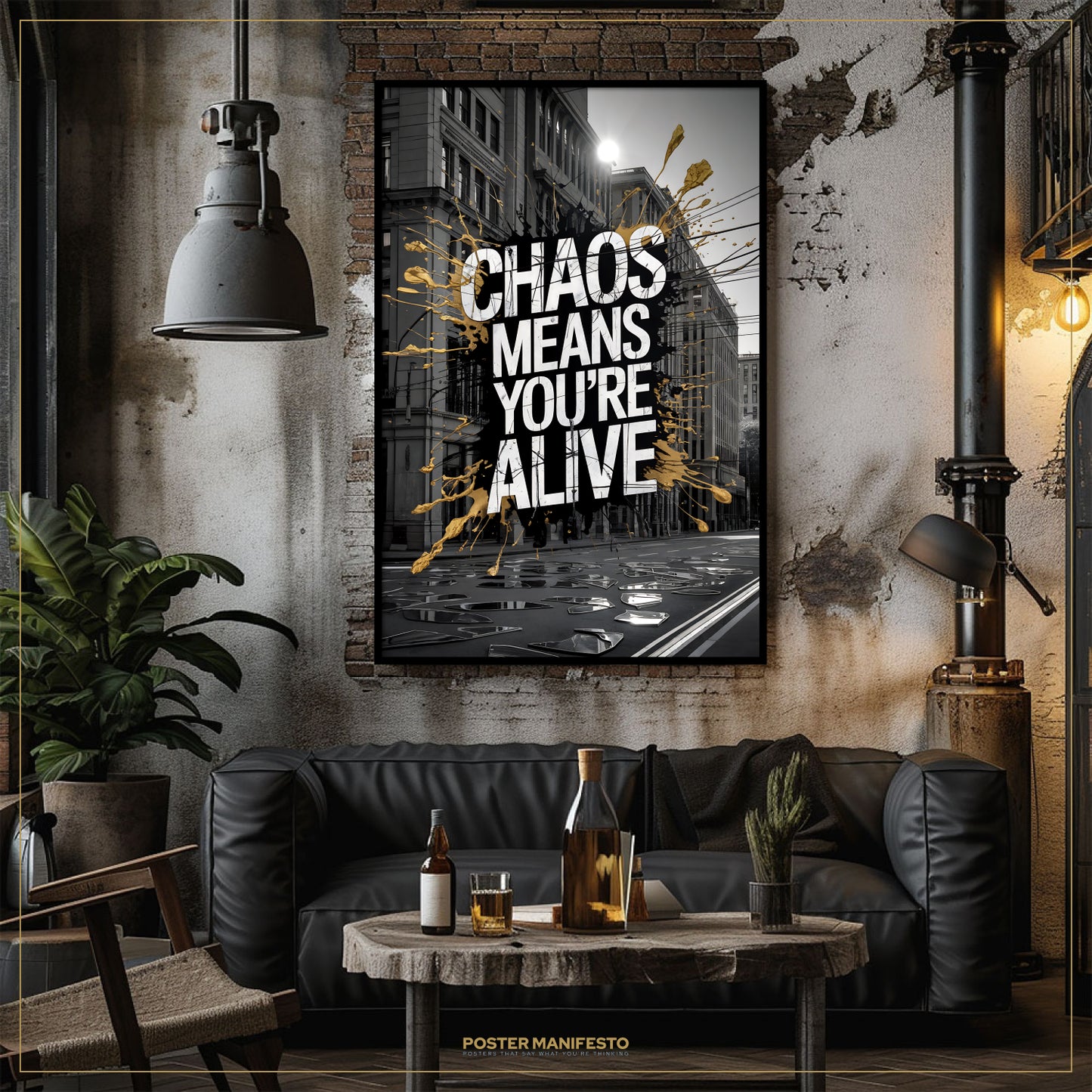 Living room with a black leather sofa, wooden coffee table, and framed poster on the wall.