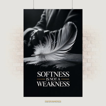 Elegant black and white poster with “Softness Is Not a Weakness” and a feather