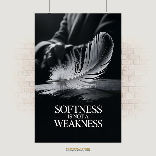 Elegant black and white poster with “Softness Is Not a Weakness” and a feather