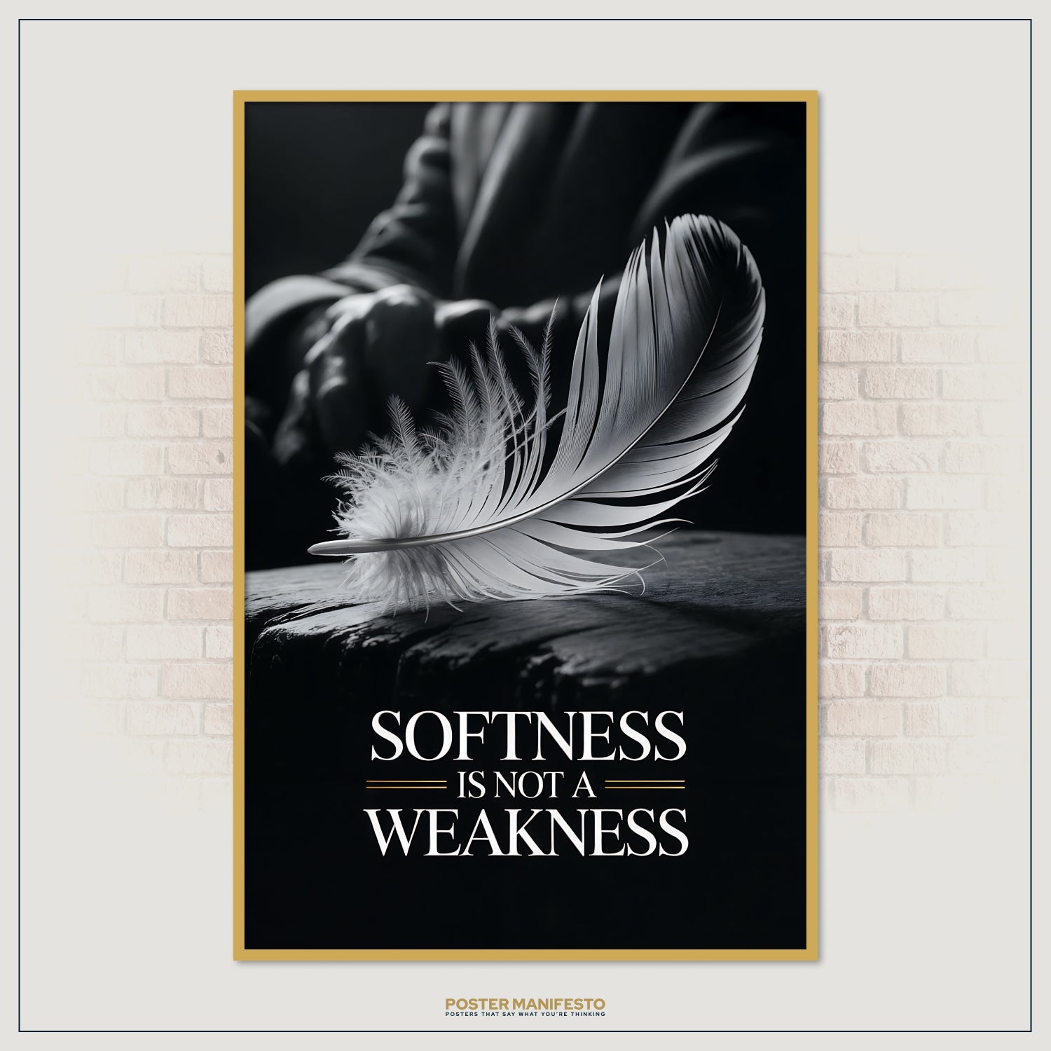 Monochrome motivational wall art with delicate feather and gold accents