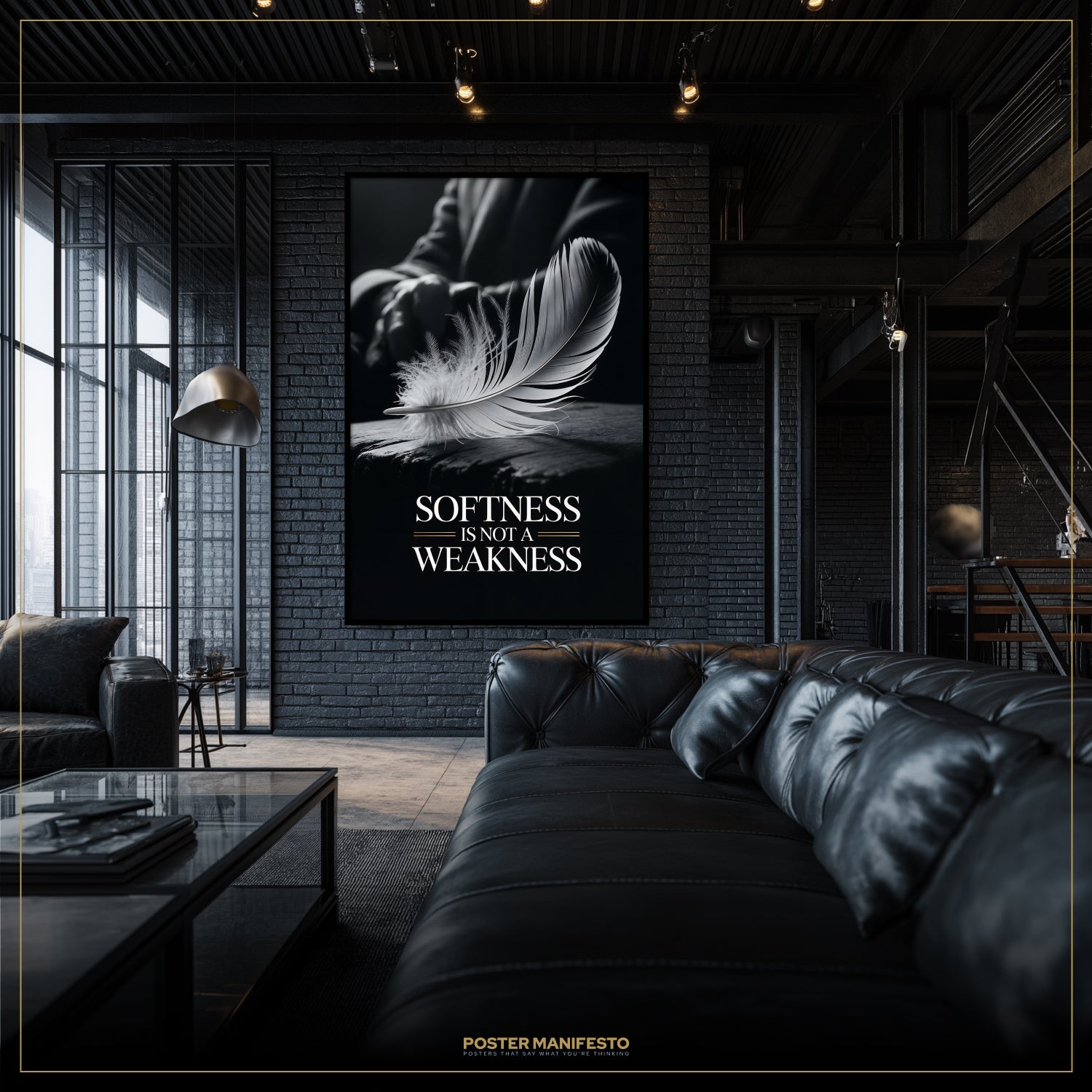 Poster with feather design and text in a modern living room.