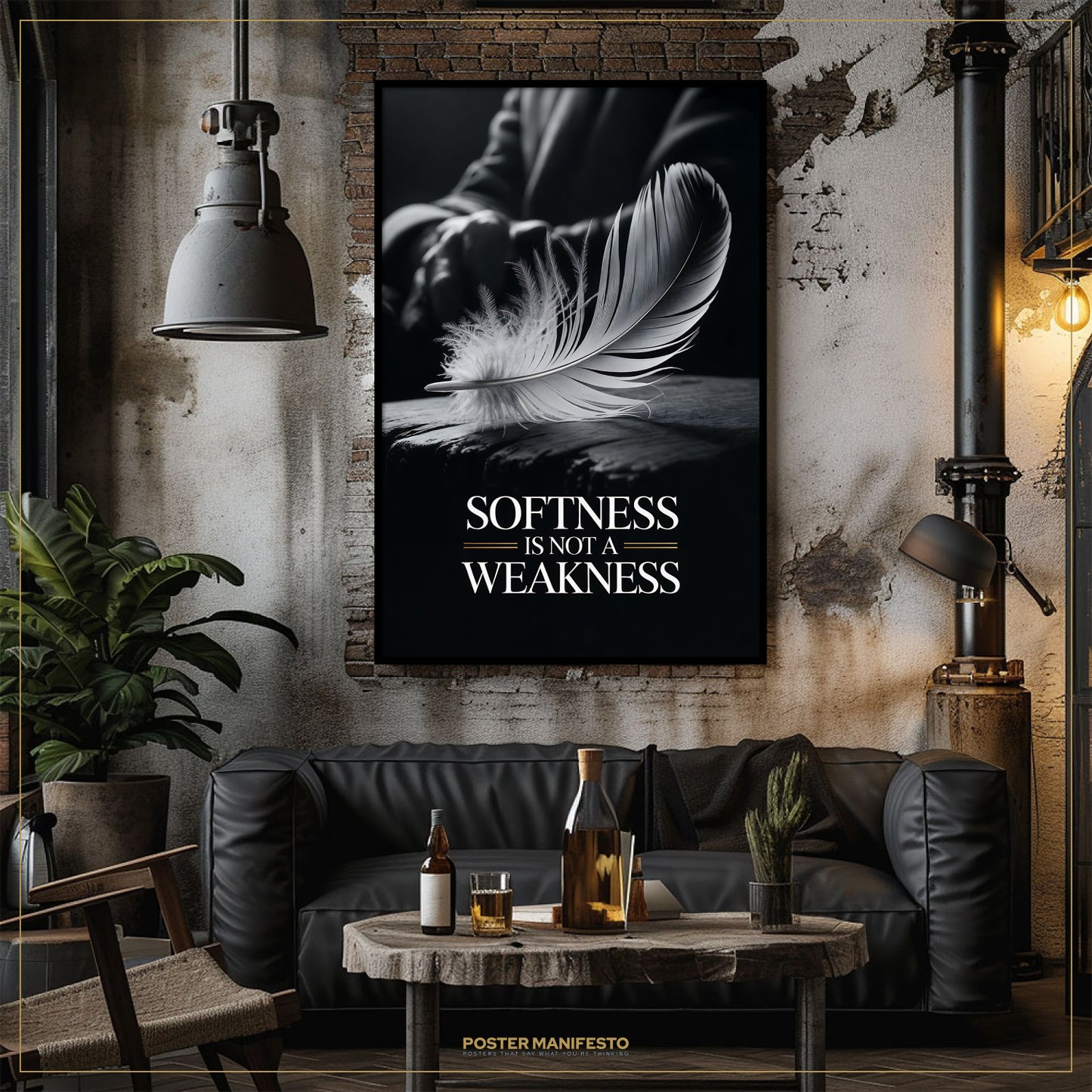 Living room with a black leather sofa, wooden coffee table, and a motivational poster on the wall.