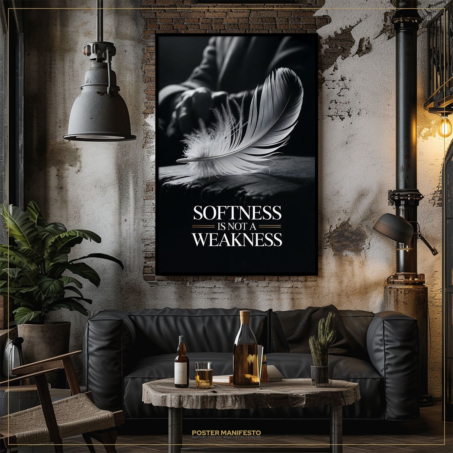 Living room with a black leather sofa, wooden coffee table, and a motivational poster on the wall.