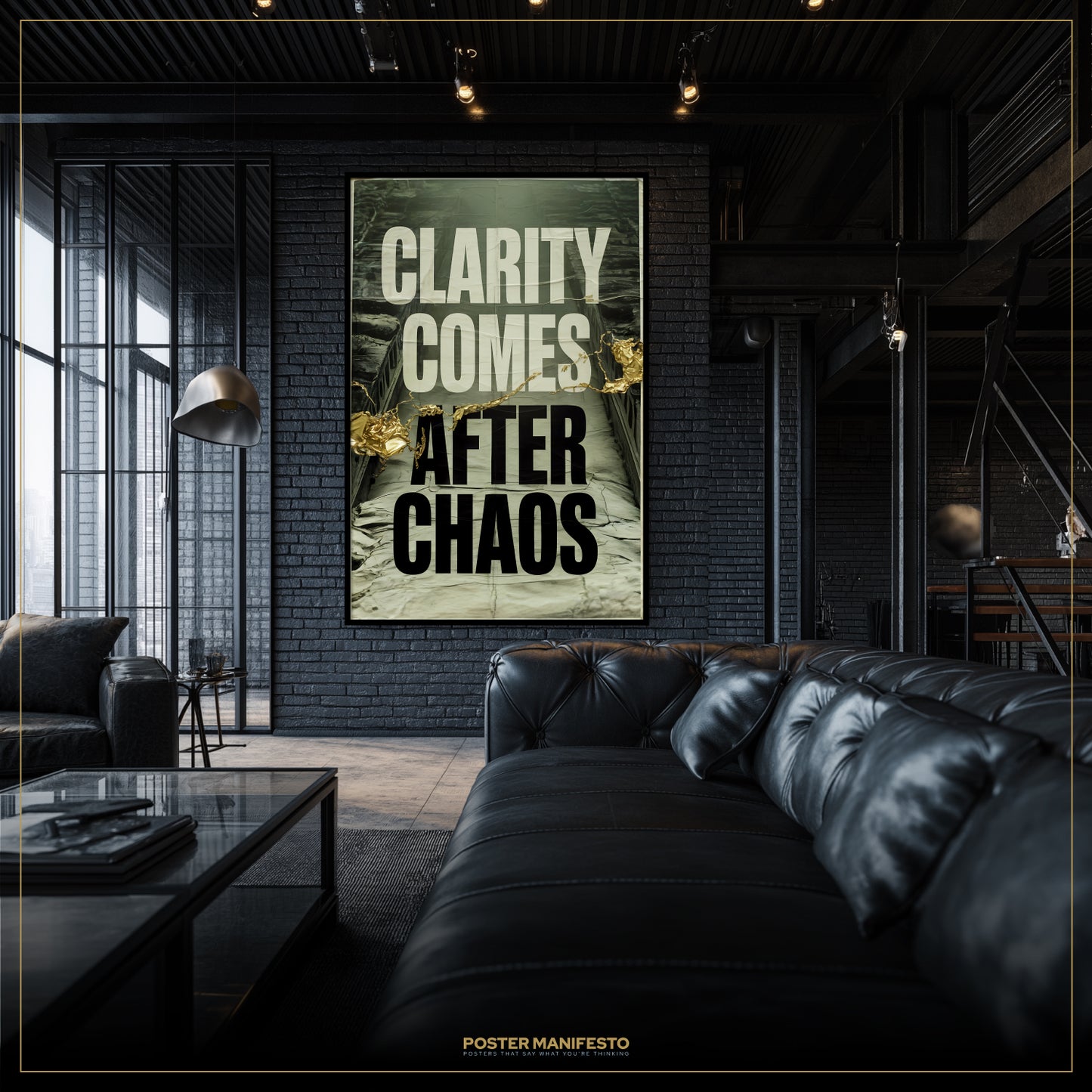 Modern living room with a motivational poster on the wall
