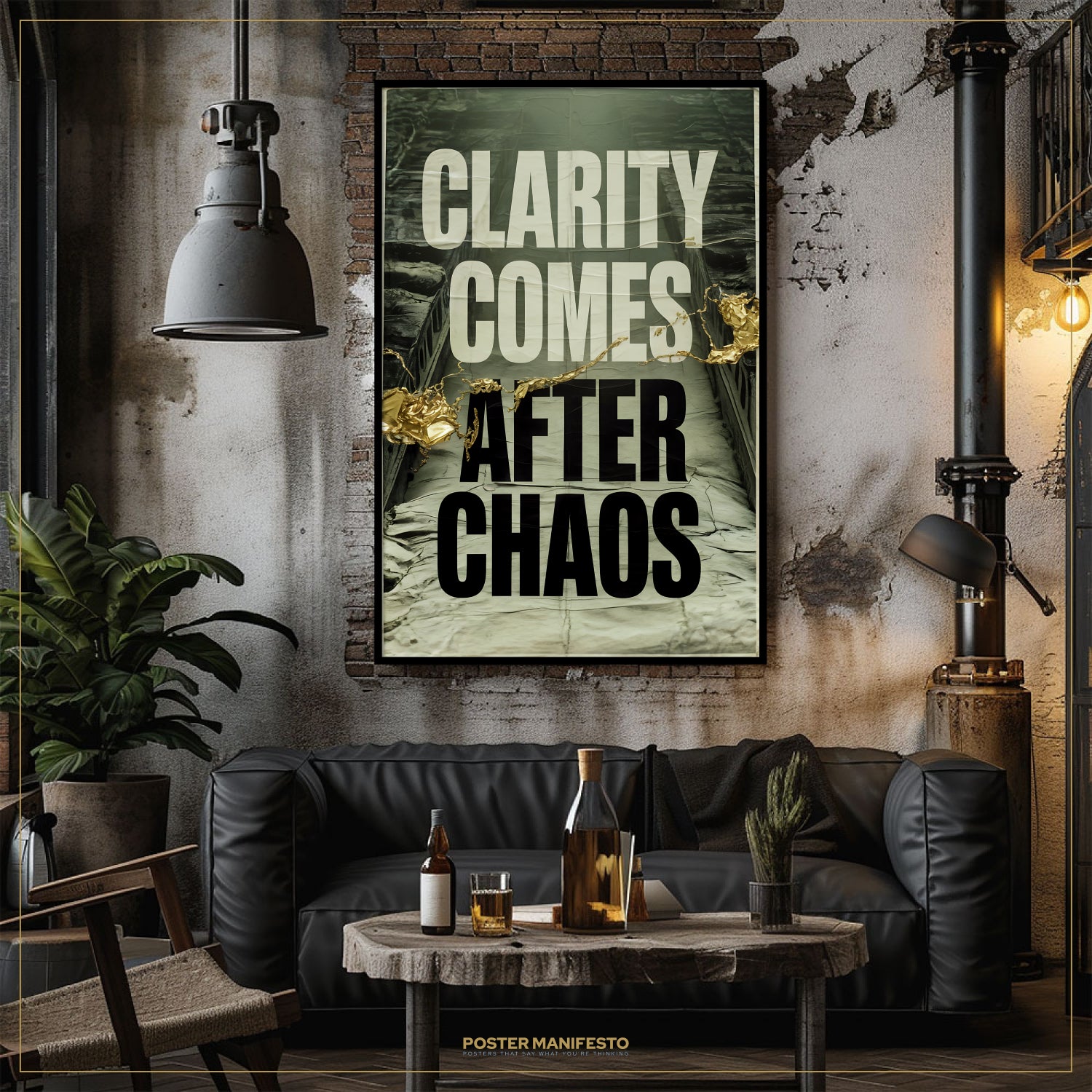 Living room with a 'Clarity Comes After Chaos' poster on the wall, a black sofa, and a small table with bottles and glasses.