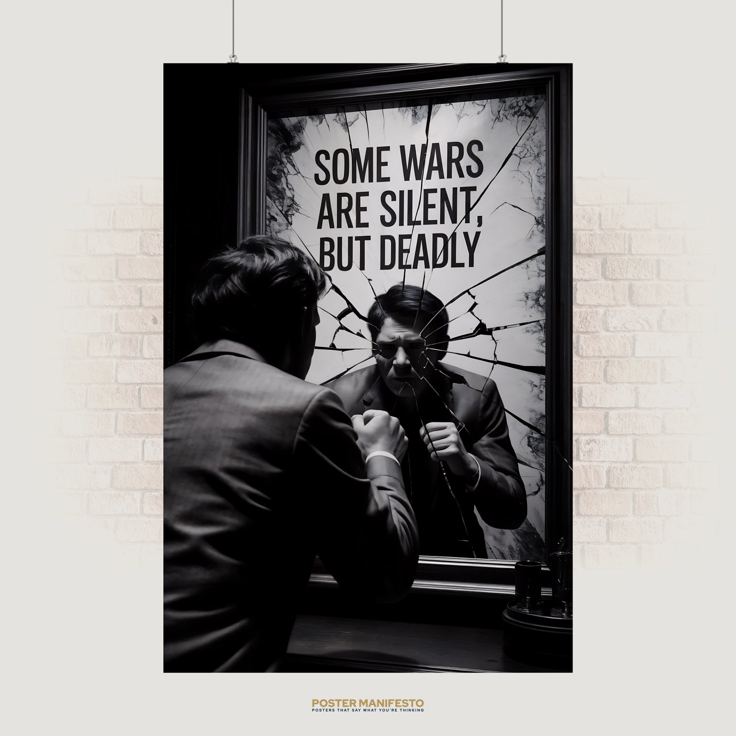 Black-and-white poster featuring a man facing his reflection in a shattered mirror, with bold text reading “Some Wars Are Silent, But Deadly,” symbolizing inner struggles and unseen battles.