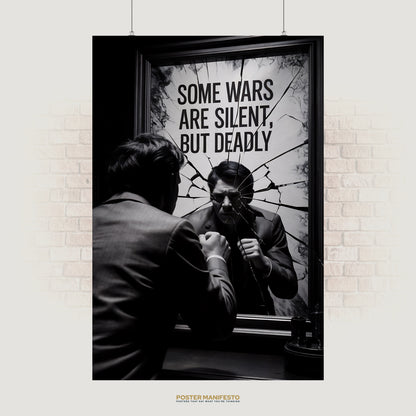 Black-and-white poster featuring a man facing his reflection in a shattered mirror, with bold text reading “Some Wars Are Silent, But Deadly,” symbolizing inner struggles and unseen battles.