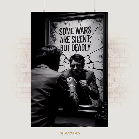 Black-and-white poster featuring a man facing his reflection in a shattered mirror, with bold text reading “Some Wars Are Silent, But Deadly,” symbolizing inner struggles and unseen battles.