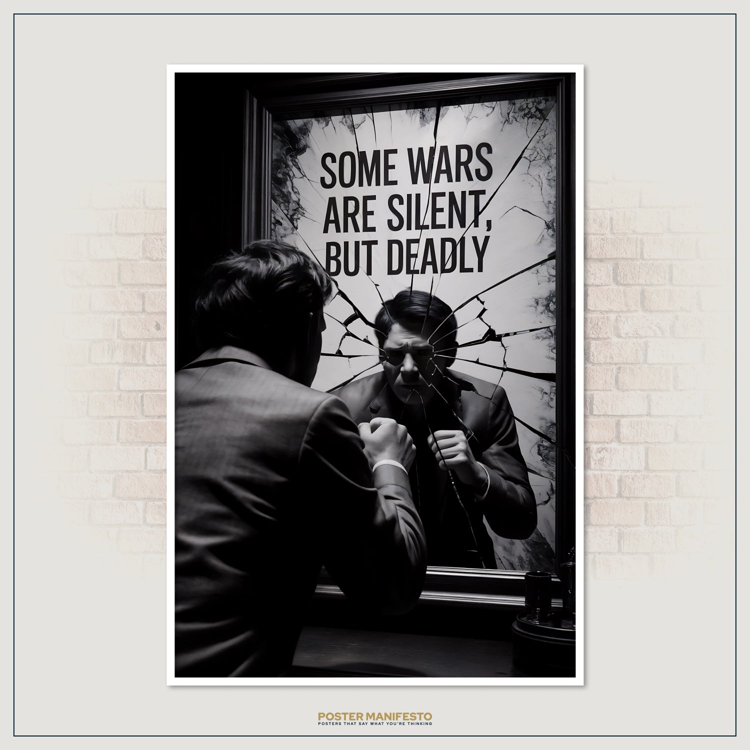 Monochrome art print depicting a tense moment as a man grips a sink and stares into shattered glass, with the text “Some Wars Are Silent, But Deadly” in bold above his reflection.