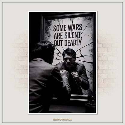 Monochrome art print depicting a tense moment as a man grips a sink and stares into shattered glass, with the text “Some Wars Are Silent, But Deadly” in bold above his reflection.