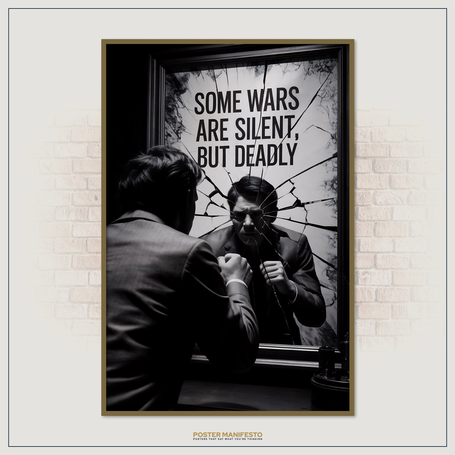 Striking moody poster showing the emotional weight of silent battles, featuring a man’s reflection in a broken mirror and the quote “Some Wars Are Silent, But Deadly” in large letters.