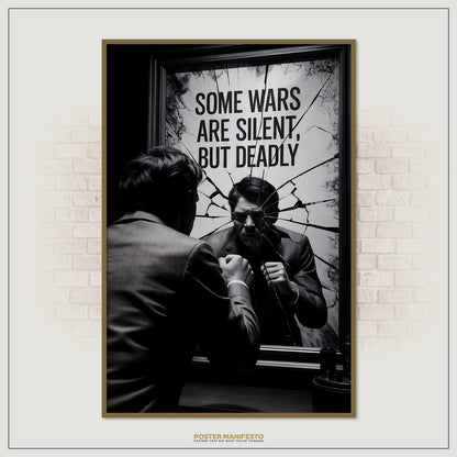 Striking moody poster showing the emotional weight of silent battles, featuring a man’s reflection in a broken mirror and the quote “Some Wars Are Silent, But Deadly” in large letters.