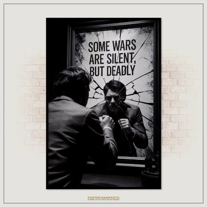 Framed poster with a black and white image of a man looking into a mirror, text 'Some wars are silent, but deadly', and 'Poster Manifesto' branding.