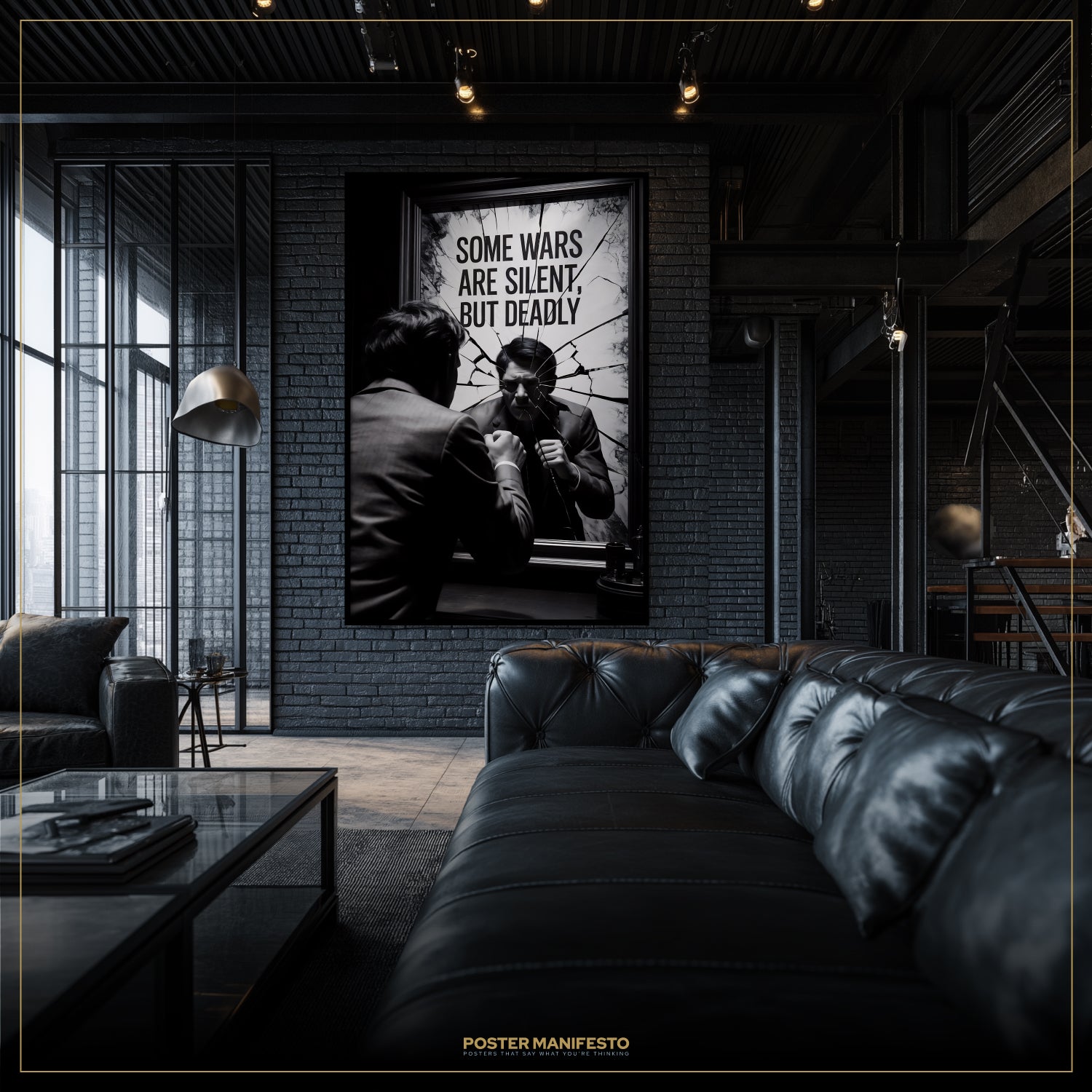 Modern living room with a black leather sofa and a framed poster on the wall.