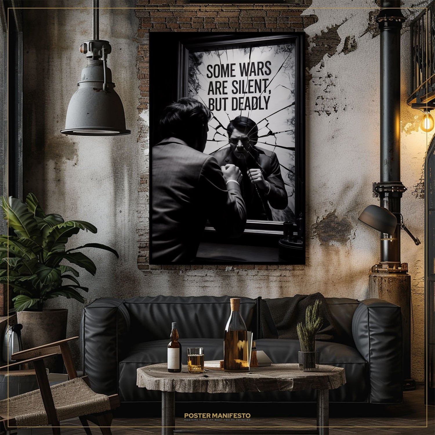 Living room with a black leather sofa, wooden coffee table, and framed poster on the wall.