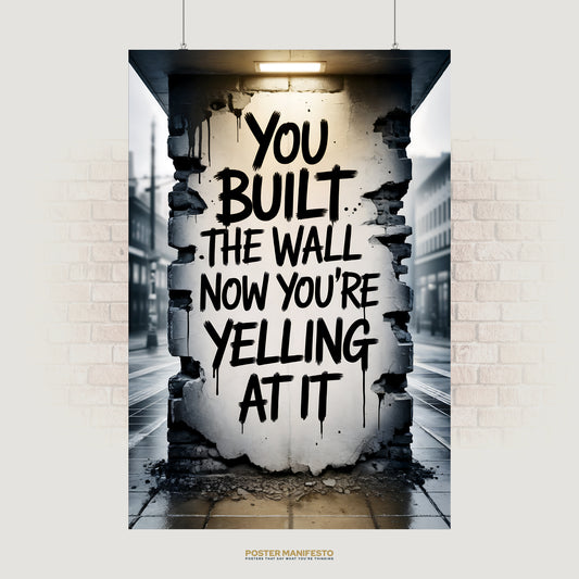 Realistic urban street art showing bold black graffiti on a crumbling wall with the phrase “You Built The Wall. Now You’re Yelling At It,” set in a moody city street scene.