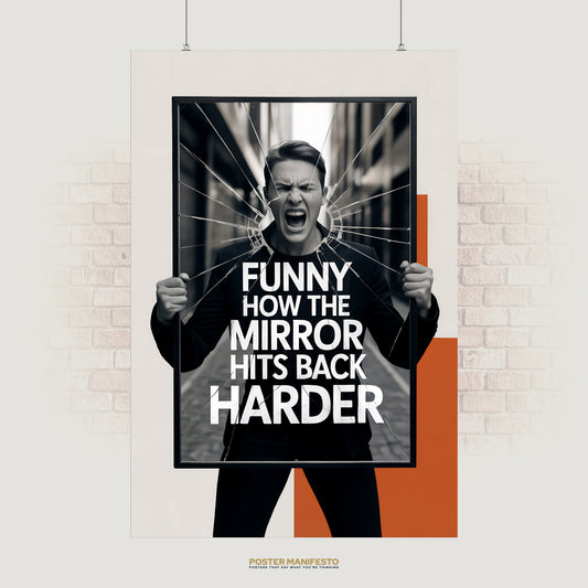 Dramatic poster of a man screaming while holding a shattered mirror with bold white text reading “Funny How The Mirror Hits Back Harder,” symbolizing intense self-reflection.