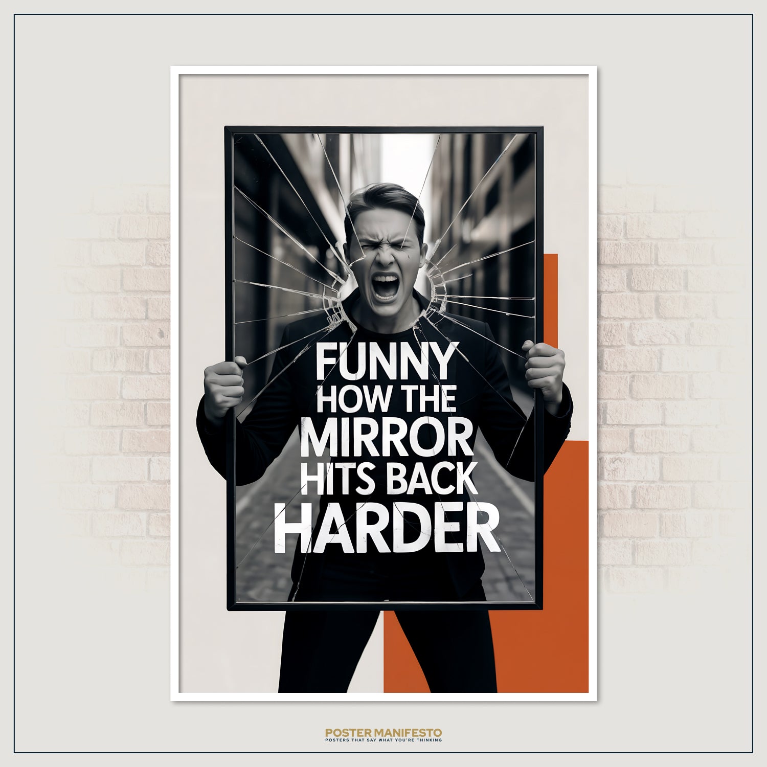 Striking visual of a man holding a cracked mirror in front of his face, with bold block letters stating “Funny How The Mirror Hits Back Harder,” set against a minimal background.