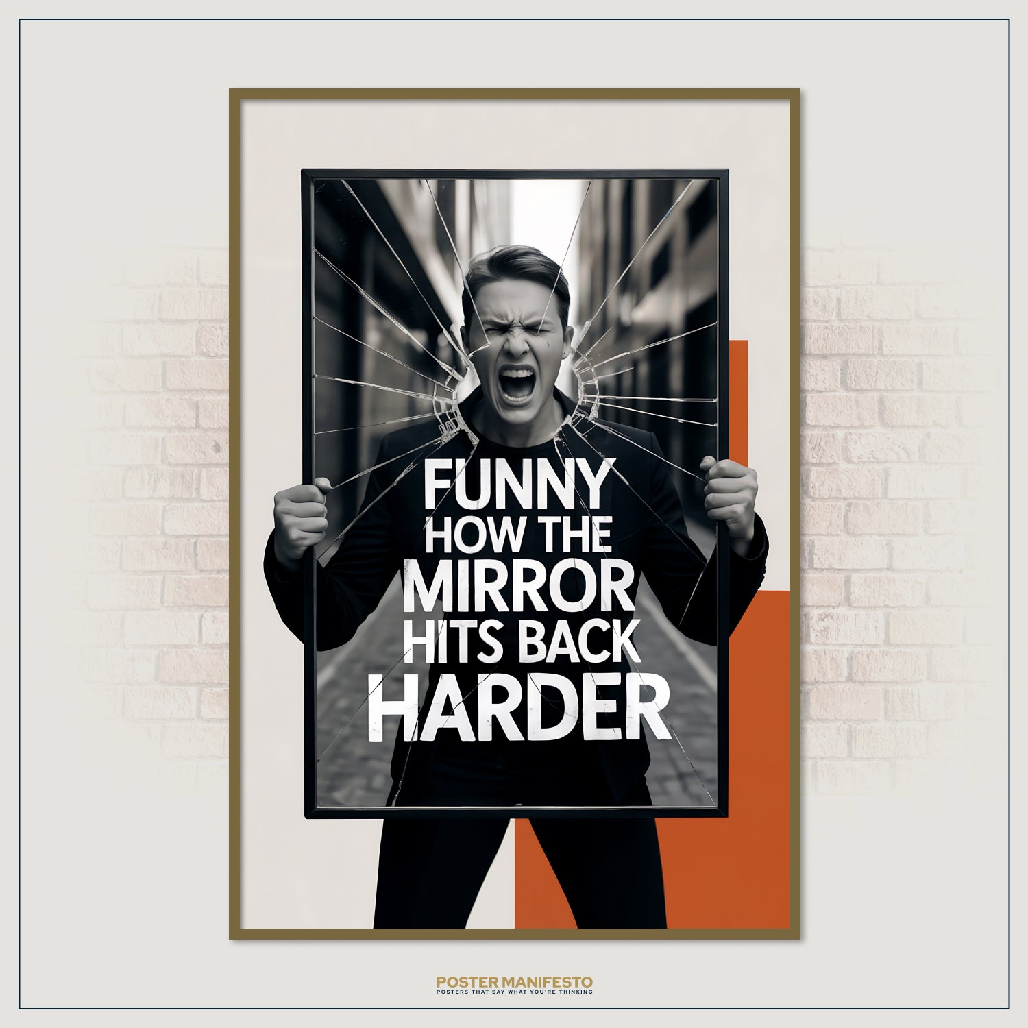 Emotional wall art depicting the concept of self-confrontation, showing a man’s reflection fragmented by cracks in glass and the quote “Funny How The Mirror Hits Back Harder.”